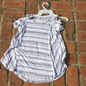 Gray speckled and striped open shoulder shirt